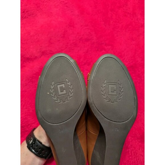 Chaps Pamona Brown Wedge Peep Toe Heels Size 7B Chain Accent Faux Leather Shoes - Picture 5 of 6